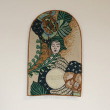 Load image into Gallery viewer, Goddess of Protection Moon Stars Floral Rayon Threads Embroidery Sage Green Gold