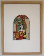 Load image into Gallery viewer, Goddess of Hope Embroidery Floral Textiles Original Artwork Green & Rust Colour Swatch Strength Woman Starburst